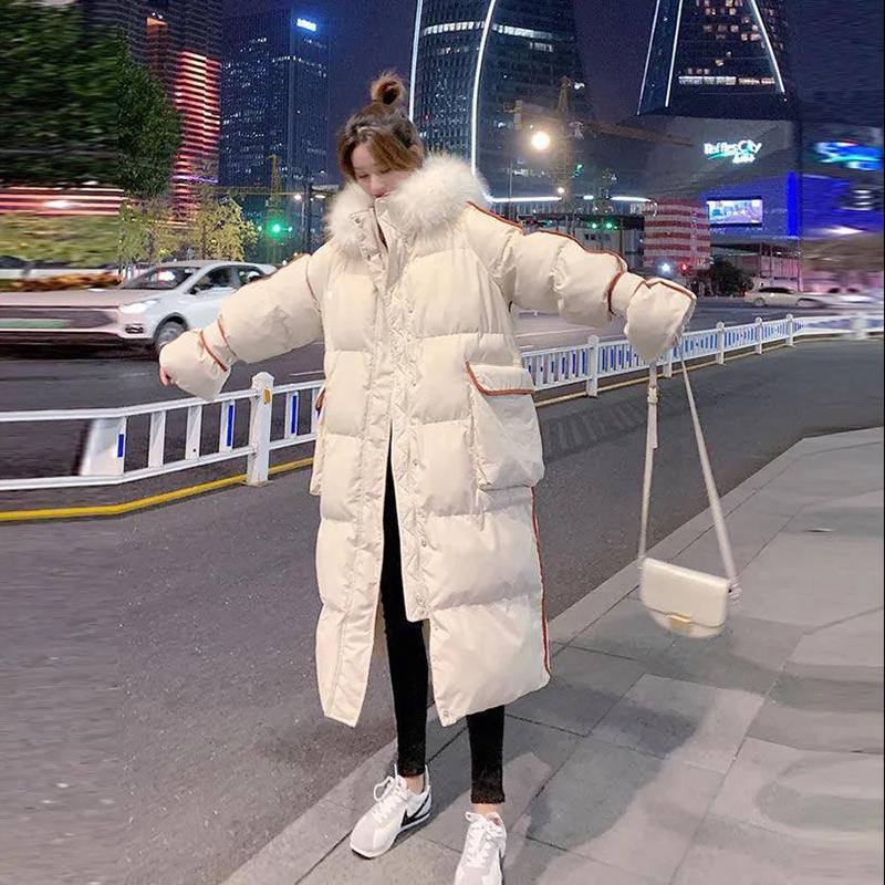 Women's Glossy Loose Down Jacket Mid-length Korean Thick Coat Warm Cotton Coat with Big Fur Collar Winter Quilted Jacket