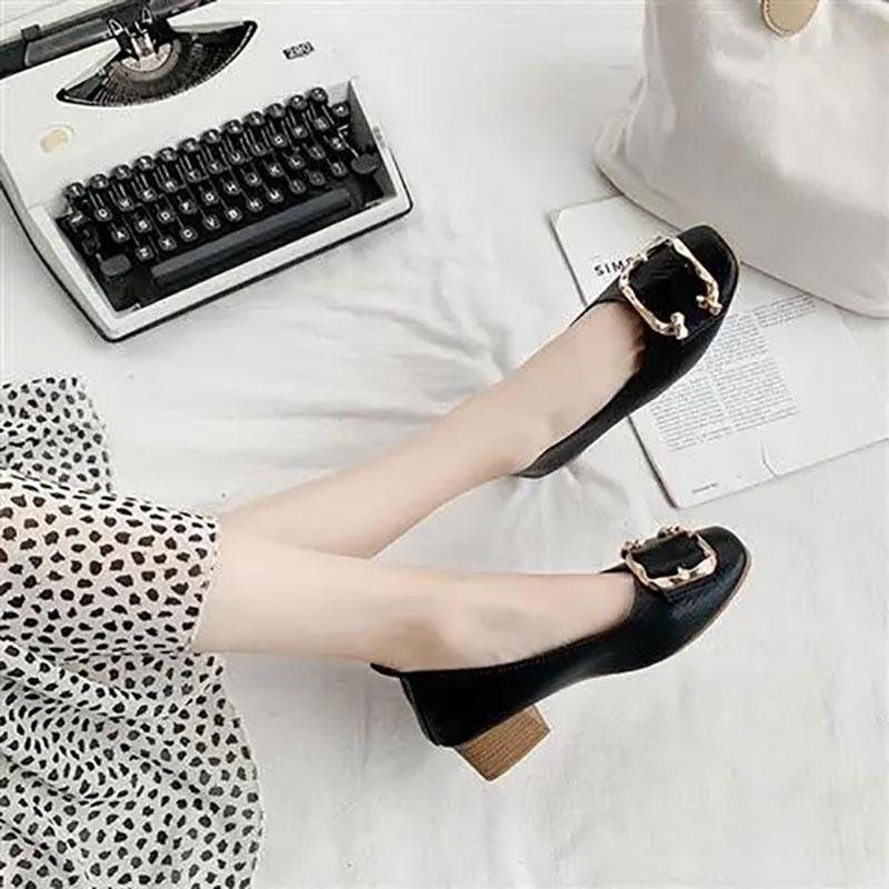 Breathable Casual Shoes Fairy Single Shoes Spring and Autumn Pumps Mid-heel Thick Heel Summer Beanie Shoes Leather Shoes Mother Shoes