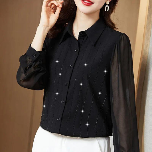 Rhinestone Chiffon Shirt Women's Long-sleeved Shirts Spring and Autumn Solid Color Lapel Mesh Blouse Temperament Button Up Lantern Sleeves Casual Tops
