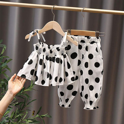 Girls' Summer Suits Children's Dots Net Red Western Style Summer Slings Short-sleeved Two-piece Suits