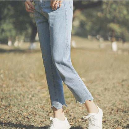 WTEMPO Frayed Irregular Jeans Women's High Waist Waist Skinny Cropped Pants Little Harlan Loose Straight