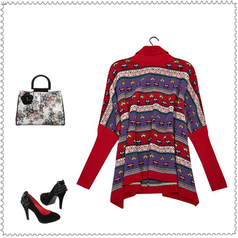 Autumn Winter Large Size Loose Pullover Sweater  Women Butterfly Print Sweater  Turtleneck  Pullover Long Sleeve Batwing Sweater Knitted Coat