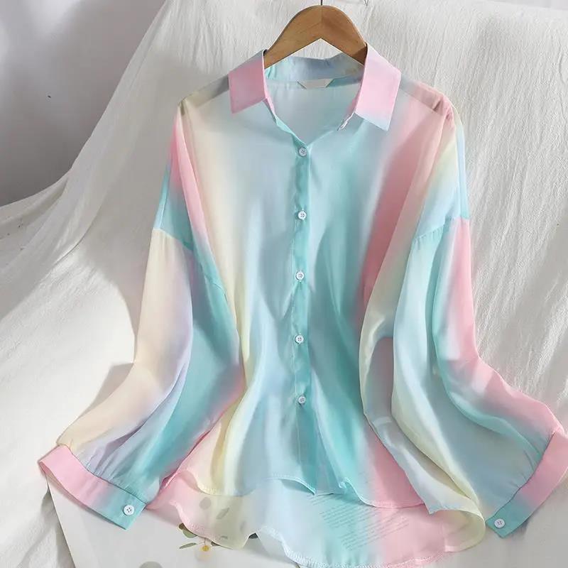 Gradient Chiffon Shirt Iridescent Button-up Shirt Mid Length Thin Coat Women's Sun Protection Shirts