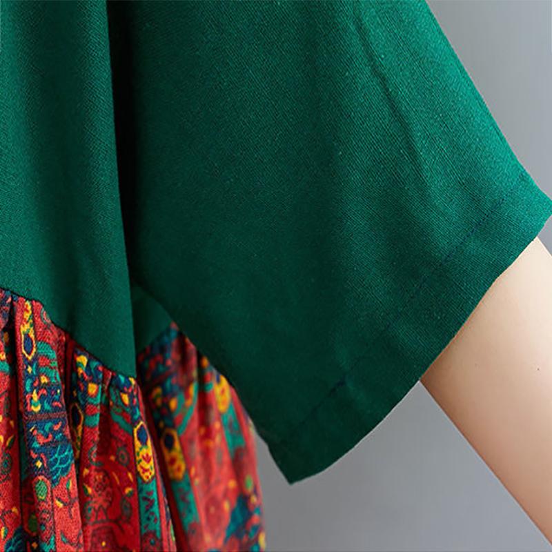 Women's Round Neck Half Sleeve Dress Retro Fashion Floral Print Cotton Long Dress