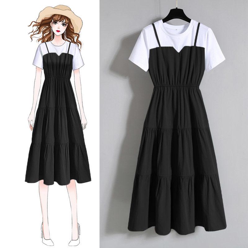 Plus Size Dress Women Summer A-line Long Dress Short-sleeve Pleated Dress