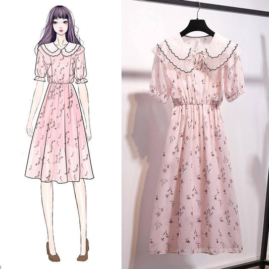 Fashion Bohemian Chiffon Floral Dress Girl Summer Sweet Dress Ruffled Elegant Midi Beach Dress