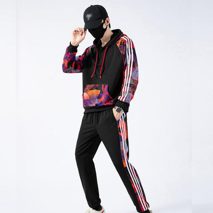 Spring Sweater Suit A Complete Set of Double Hat Rope Black and Red Sports Suit Purple Stitching Pattern Casual Suit Men