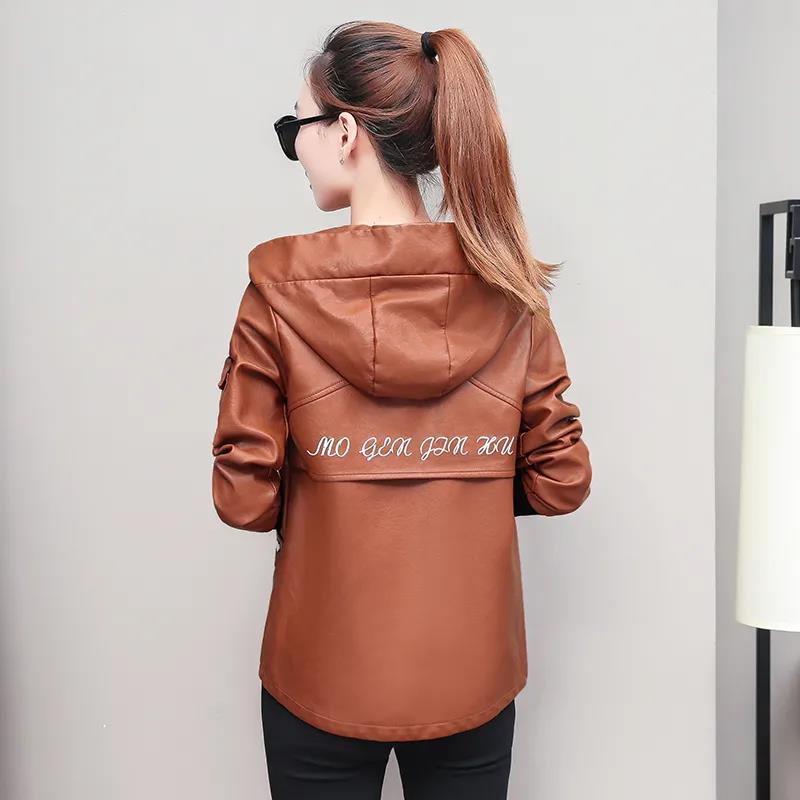 Autumn and Winter Fashion Slim Hooded Leather Ladies Short Jacket Pu Jacket Women's Motorcycle Jacket