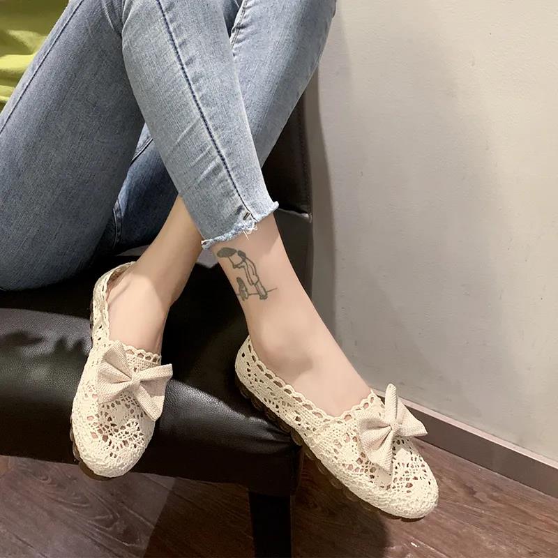 Knitted Hollow Shoes Breathable Cloth Shoes Tendon Soft Bottom Non-slip Peas Shoes Flat Casual Shoes Women's Shoes Loafers