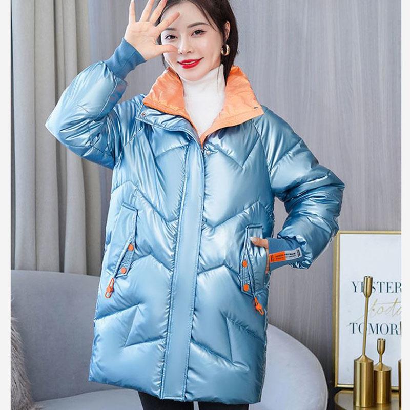 Down Cotton Jacket Winter Loose Korean Color Shiny Face-free Collar Mid-length Cotton Jacket Women