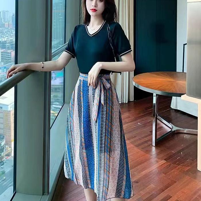 M-XXXL 2 Pieces Ladies Suit Skirt Spring and Summer Short Sleeve  Mid-length Casual Vacation Office Home