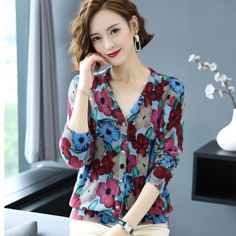 Bohemian Printed Knit Cardigan Women's Artificial Mink Wool  Knitted Jacket Oversized Cashmere Cardigan Top
