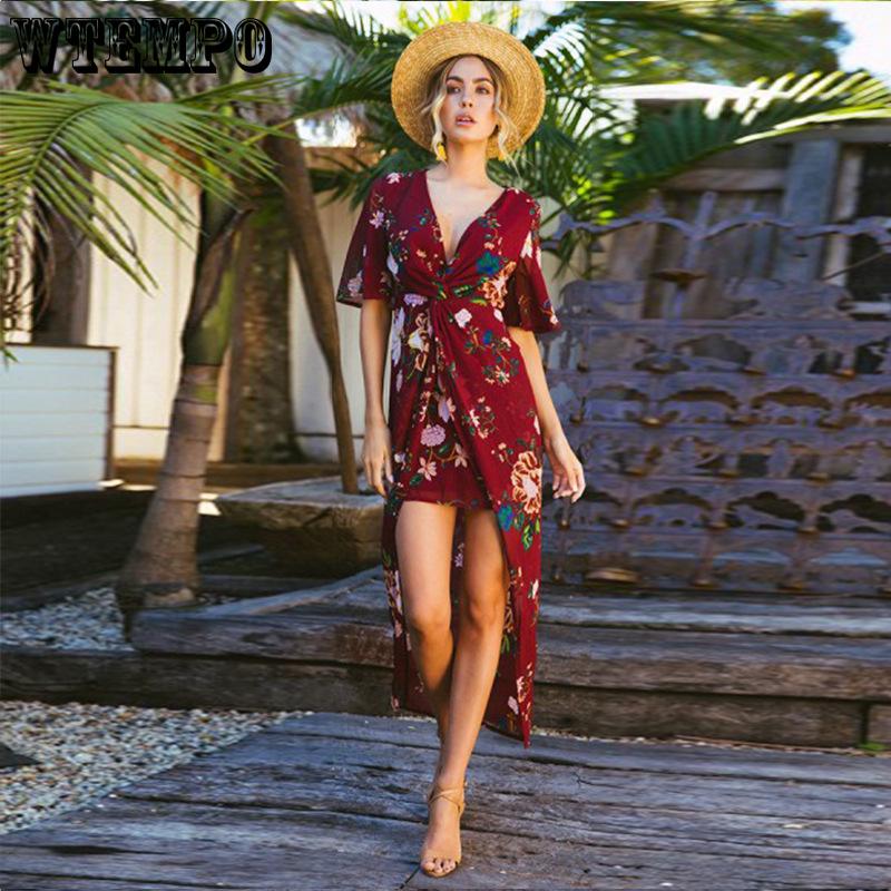 V-neck Chiffon Print Irregular Dovetail Split Bohemian Holiday Dress Long