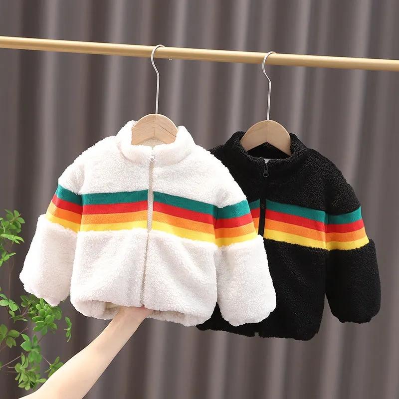 Boys and girls jackets autumn and winter clothes plus velvet padded lamb wool children's cotton-padded clothes children's rainbow tops