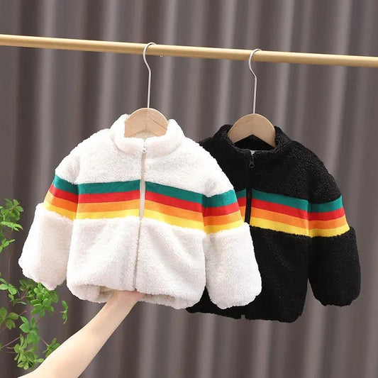 Boys and girls jackets autumn and winter clothes plus velvet padded lamb wool children's cotton-padded clothes children's rainbow tops