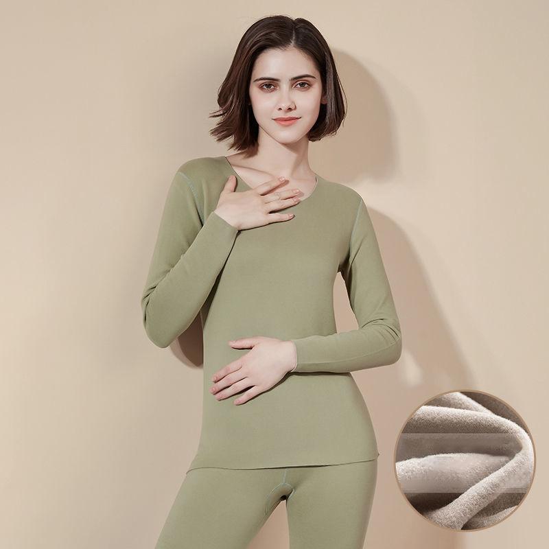 Autumn Clothes O-neck Tops Pants Women Winter Thermal Underwear Tight Suit Thicken Windproof Comfortable Soft Lining Long Sleeve High Elasticity Slim