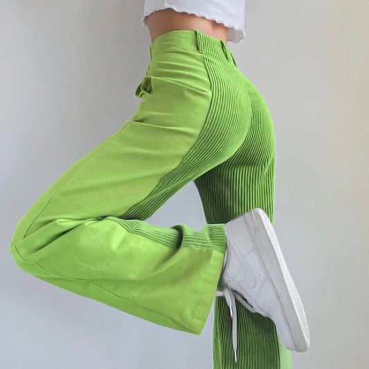 Women's Corduroy Wide Leg Pants Vintage Casual High Elastic Waist Color Block Loose Bottoms Trousers College Straight Pant