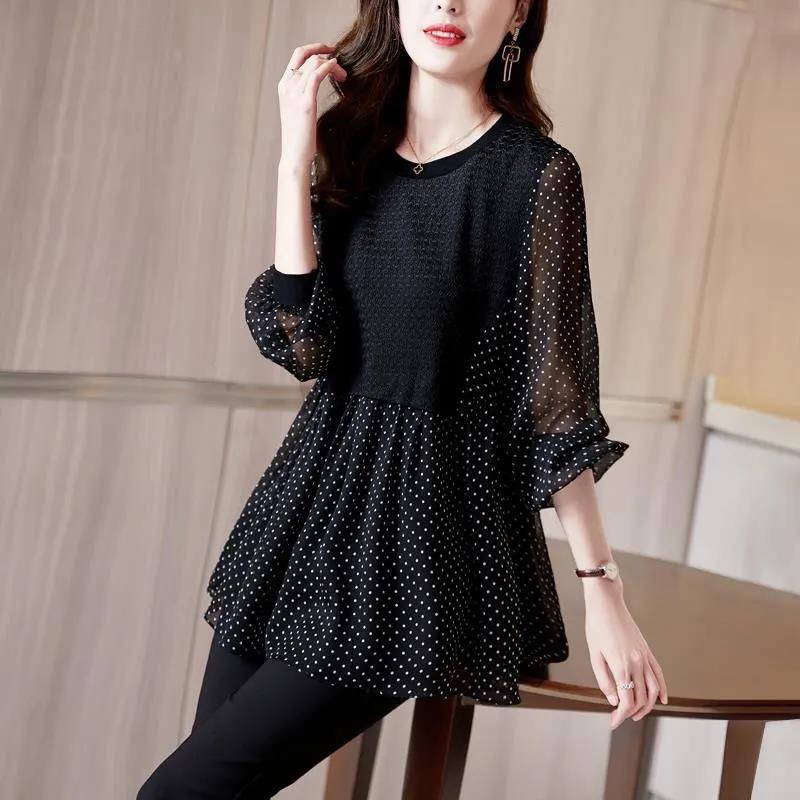 Black Polka Dot Chiffon Top Women's Long-sleeved Spring Slim T-shirt Bottoming Shirt