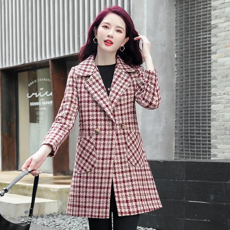 Coat Women's Spring and Autumn Plaid Woolen Coat Mid-length Slim Trench Coat