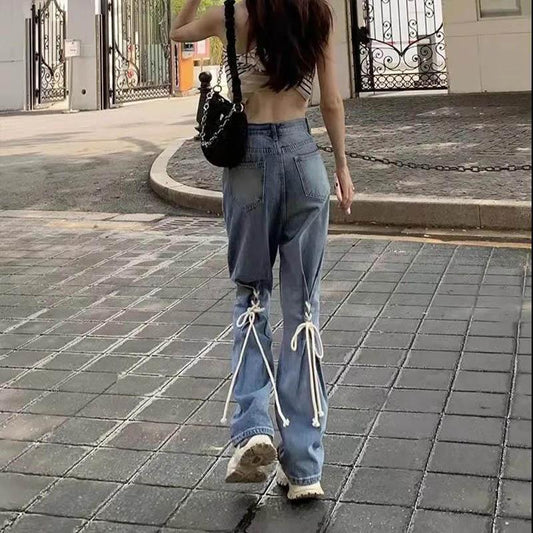 Design High Waist Display Thin Jeans Women's Straps Straight Pants Wrapping Pants Do Not Cause Pants Trousers