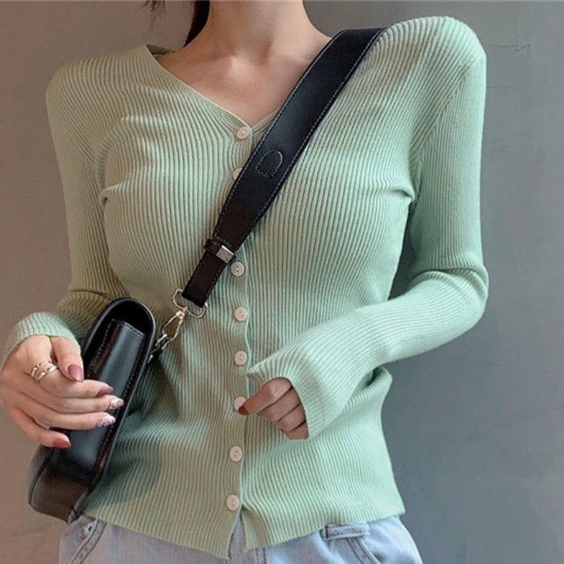 V-neck Solid Color Button Long-sleeved Knitted Bottoming Shirt Tops Women Spring and Autumn New Slim All-match Cardigan Casual Jacket