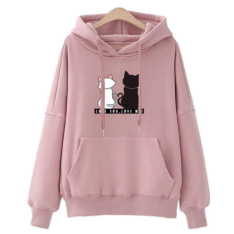 Hoodies Women's Fall Winter Cute Cat Printed Long Sleeve Solid Hooded Pullover Sweatshirts Oversized Fashion Tops Hoodies Jacket Coat
