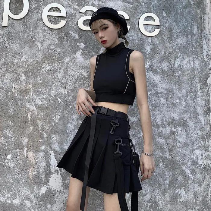 Black Culottes Women's Summer Harajuku Style Super Fire Skirt Women's High Waist Pleated Skirt A-line Skirt