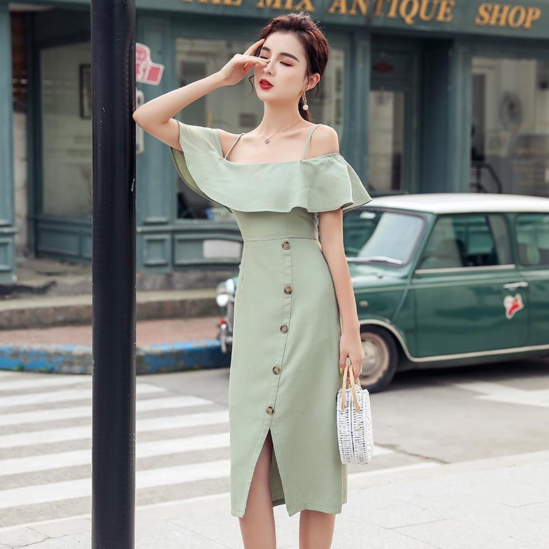French Ruffle Dresses One-shoulder Sling Dress for Holiday Maldives Single Breasted Split Sexy Dress