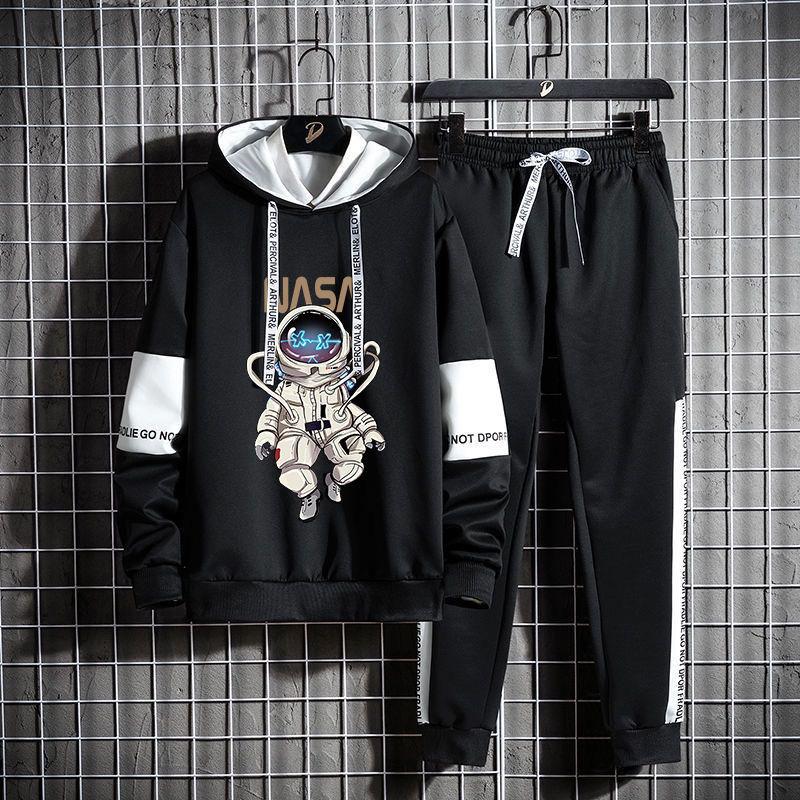 Spring Cartoon Sweater Suit Gangster Cat Teen Student Sports Suit Casual Hooded Pullover and Pants Men