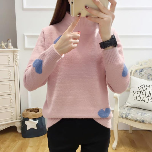 Autumn and Winter Half-turtleneck  Sweater Sweet and Cute Girl College Style Warm Base Sweater