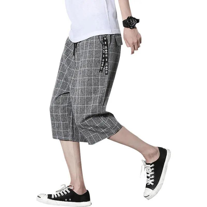 Cropped Pants Men's Summer Thin Section Plaid Shorts Korean Version of The Trend Straight Casual Pants Plus Size Fat Sports Pants