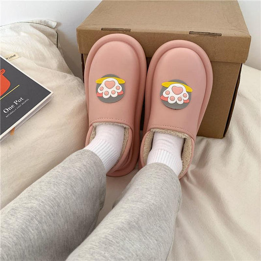 Cotton Slippers Female Winter Cat Paw Cute Couple Cartoon Thickened Warmth Non-slip Indoor Household Bag Heel Flat Shoes