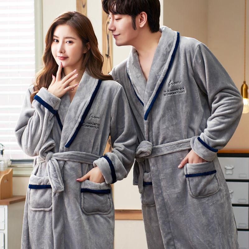 Autumn Winter Pajamas for Women Men Couple Nightgown Thick Velvet Flannel Bathrobe Coral Fleece Long Sleeve Pyjamas Casual Loose Homewear Sleepwear