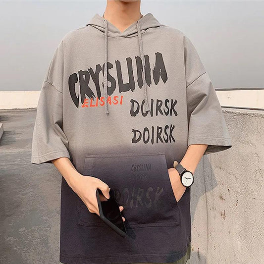 Summer Thin Gradient T-shirt Hooded Sweater Men's Short-sleeved Loose Three-quarter-sleeved Tops for Men and Women