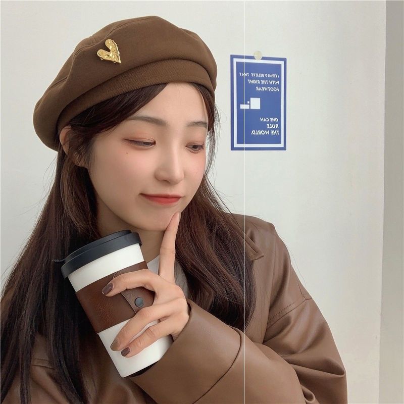 Ladies Beret Hat Vintage Woolen Retro Metal Heart Painter Hat Solid Sweet Cute All-match Beret Cap High Quality Beanies Cap