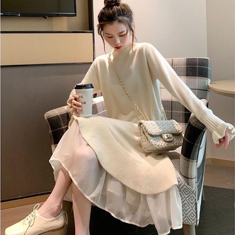Mid-length Sweater Dress with Ruffled Sleeves Over The Knee Wear Lazy Winter Skirt Loose Padded Dress Women's Solid Color Inner Sweater