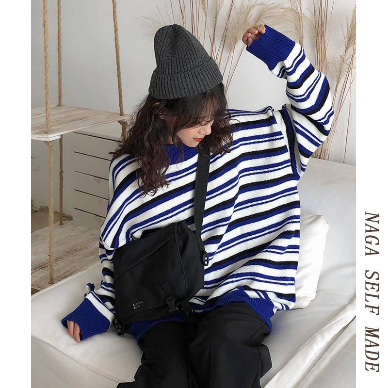 Pofulove Autumn Winter Japanese Striped Sweater Female Korean Loose Wild Round Neck Pullover Sweater