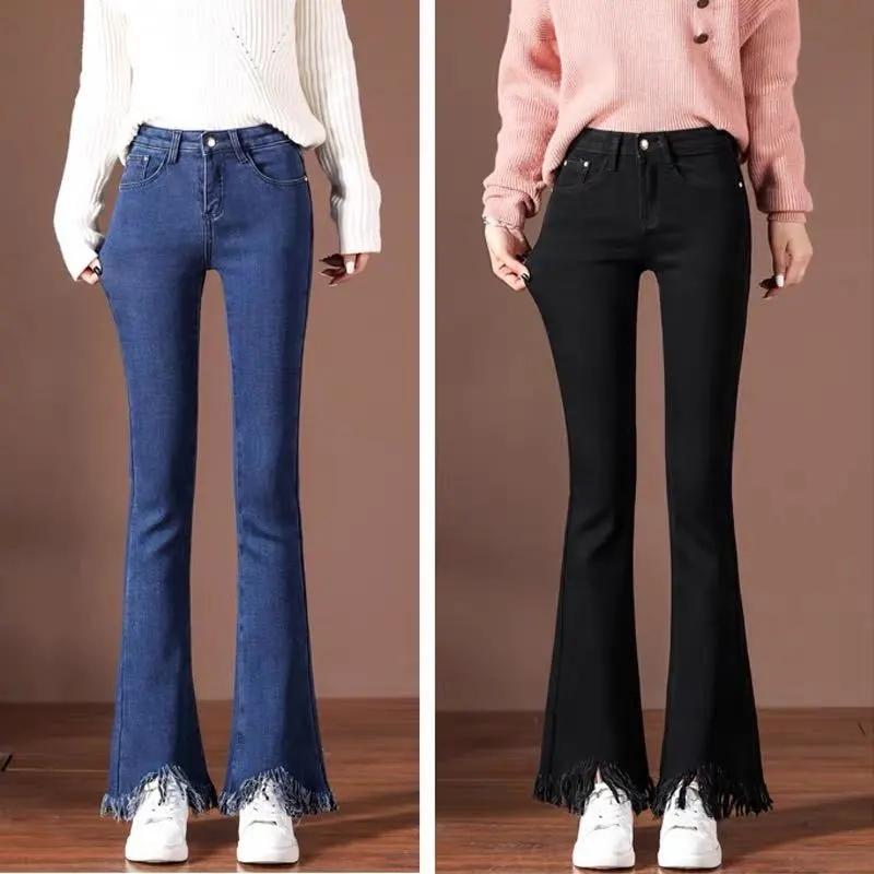 Slim Flared Denim Pants Women's Plus Size Denim Jeans Trousers Summer High Waist Sliming Fit Loose Tassel Denim Pants