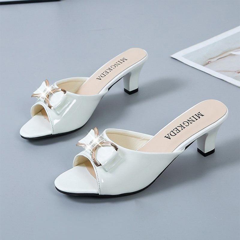 Fashion All-match Bow Stiletto High Heels Women's Outer Wear Medium-heeled Fish Mouth Slippers Large Size Sandals Women's Shoes