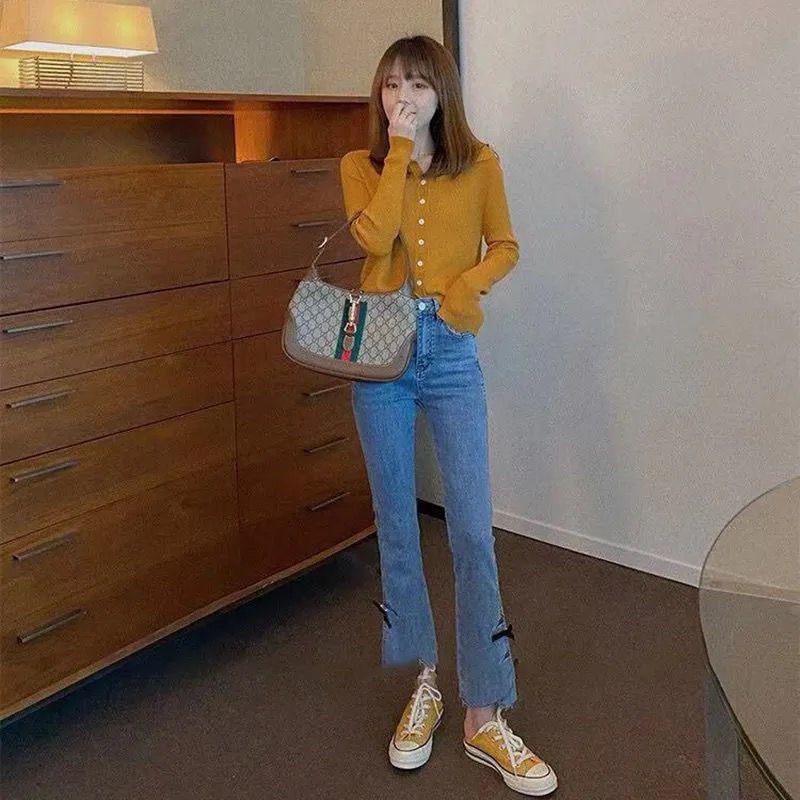 Spring Women's Light-colored Bifurcated Micro-leg Nine-point Pants, High-waisted and Thin Western-style Bow Jeans
