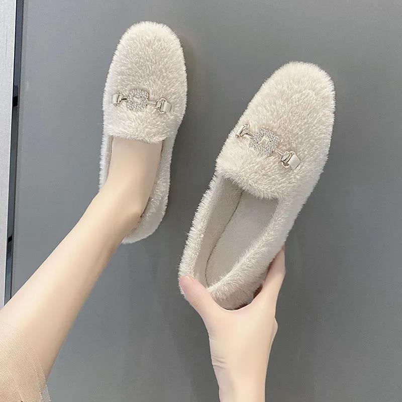 Temperament Women's Shoes Plus Velvet Winter All-match Flat-bottomed Thick-soled Cotton Shoes Thickened One-pedal Fur Shoes Moccasin Shoes