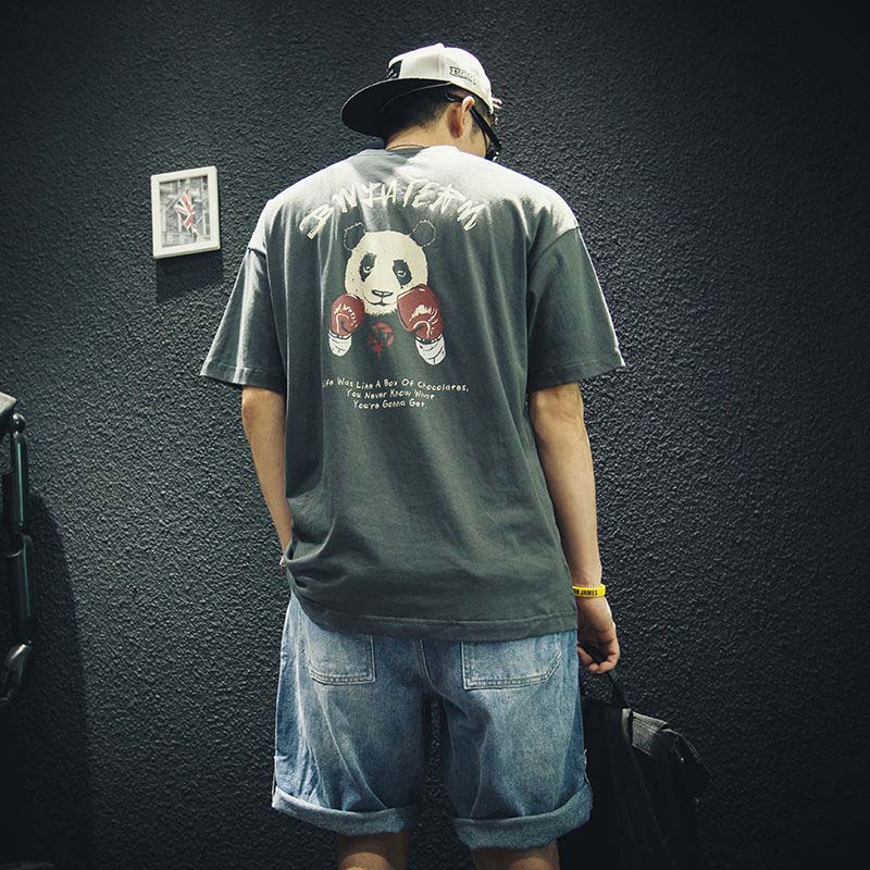 Summer Black Cotton Short-sleeved T-shirt Male Loose Half-sleeved Large Size Wild Panda Print Top