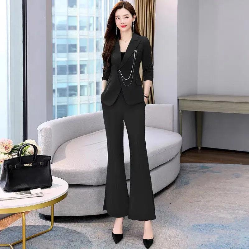 2PCS Women's Suits Spring Slim Fit and Age-reducing Business Suits Suit Collar Jacket + Flared Trousers Two-piece Set Wide Leg Pants Suit