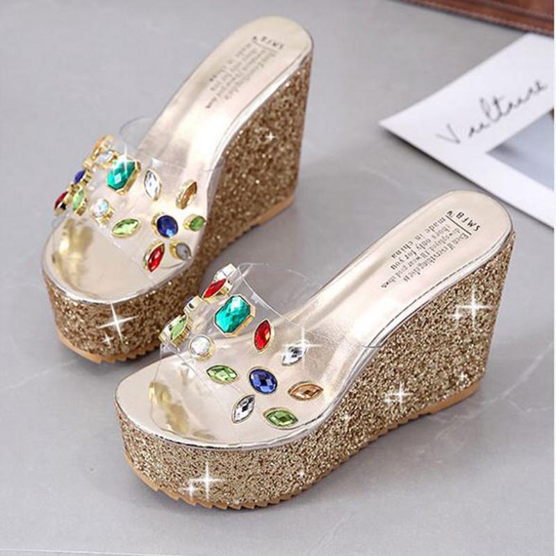 Slippers Women's Wedge Heel High-heeled Sandals  Slippers Women's Summer Super High-heeled Rhinestone Sequins Transparent Platform Slippers