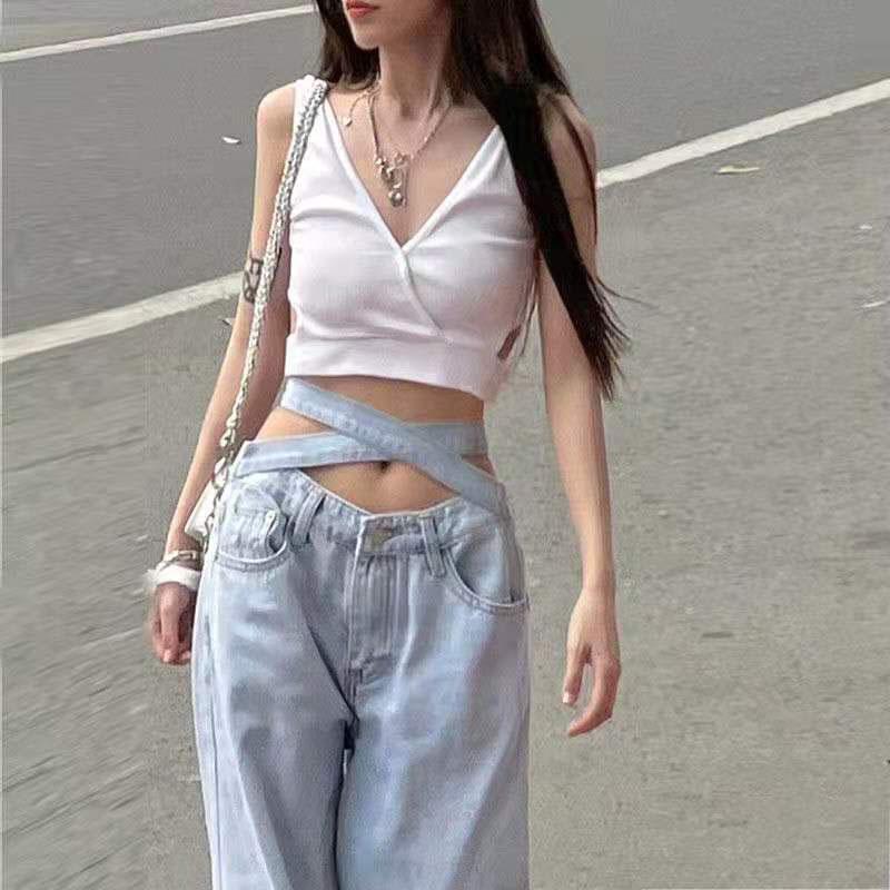 Women's Slim Low Waist  Drape Straight Leg High Quality Durable Denim Lace Wrinkle-Free Jeans