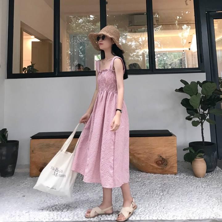 Summer Ruffled Elasticated Shoulder Slash Neck Plaid Strap Dress Mid-length Girls Dress