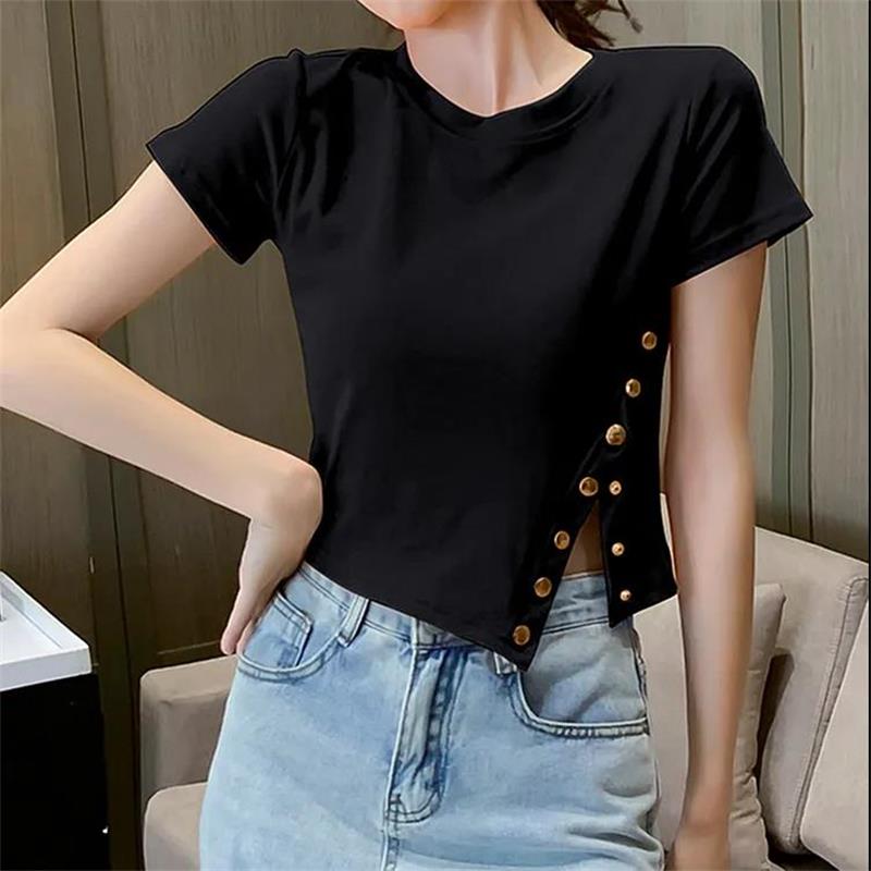 Summer Casual Slim Women's Fashion Solid Color Round Neck Half Sleeve Asymmetry Short T-shirt