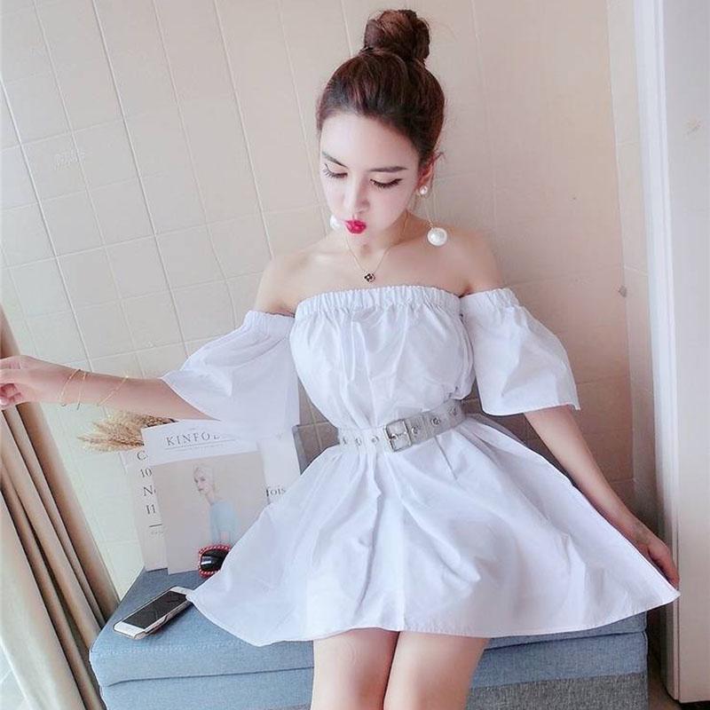 Sexy White Off Shoulder Belt Sexy Slash Neck Dress Elegant Club  Party Dress Women Short Dress
