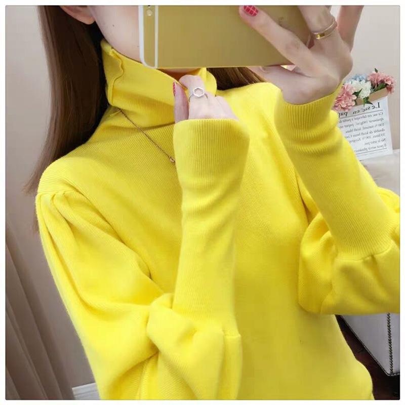 Core-spun High-neck Slim-fit Sweater Women Autumn and Winter Lantern Sleeve Knit Top Fashion Loose Bottoming Shirt Tide