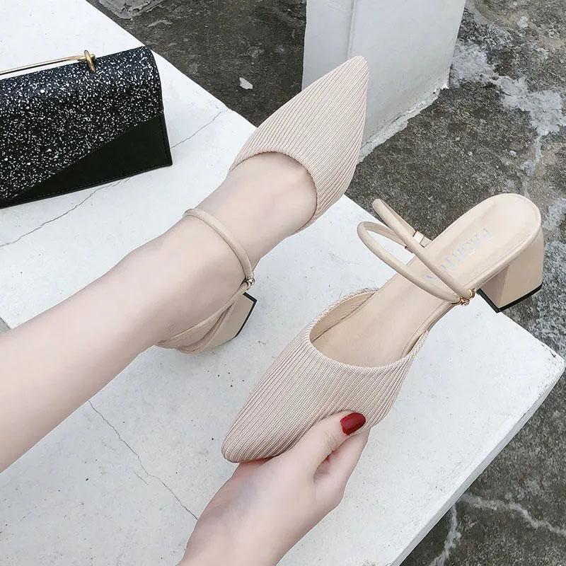 High Heels Pointed Toe Two Wear Baotou Sandals Slippers Women's Summer New All-match Thick Heels Fashion Dual-use Comfortable Black